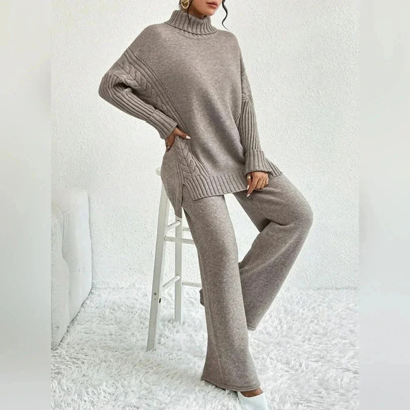 Turtleneck Drop Shoulder Split Hem Sweater & Knit Pants - Picture 3 of 8